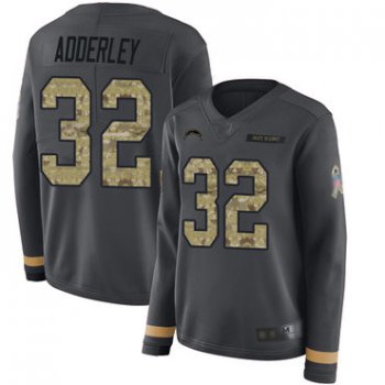 Chargers #32 Nasir Adderley Anthracite Salute to Service Women's Stitched Football Limited Therma Long Sleeve Jersey