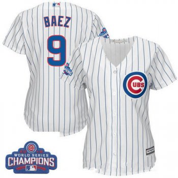 Women's Chicago Cubs #9 Javier Baez Majestic Home White 2016 World Series Champions Team Logo Patch Player Jersey