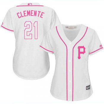 Pirates #21 Roberto Clemente White Pink Fashion Women's Stitched Baseball Jersey
