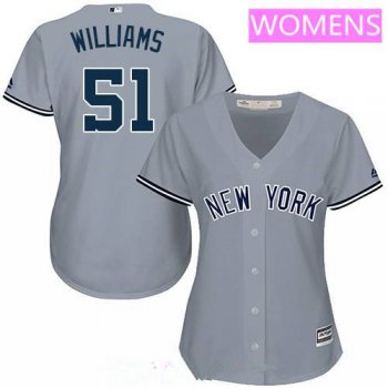 Women's New York Yankees #51 Bernie Williams Retired Gray Road Stitched MLB Majestic Cool Base Jersey