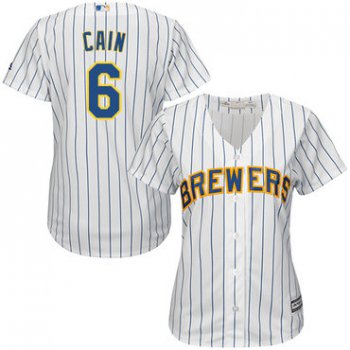 Brewers #6 Lorenzo Cain White Strip Home Women's Stitched Baseball Jersey