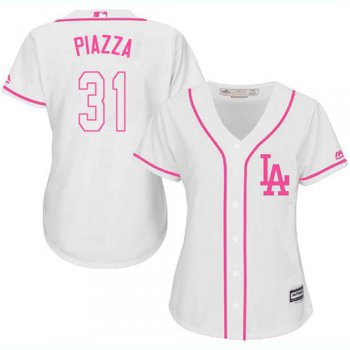 Dodgers #31 Mike Piazza White Pink Fashion Women's Stitched Baseball Jersey