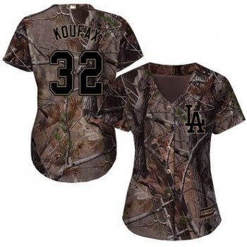 Dodgers #32 Sandy Koufax Camo Realtree Collection Cool Base Women's Stitched Baseball Jersey