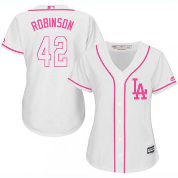 Dodgers #42 Jackie Robinson White Pink Fashion Women's Stitched Baseball Jersey