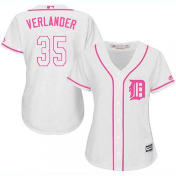 Tigers #35 Justin Verlander White Pink Fashion Women's Stitched Baseball Jersey