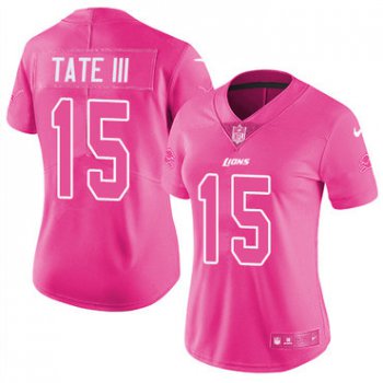 Nike Lions #15 Golden Tate III Pink Women's Stitched NFL Limited Rush Fashion Jersey