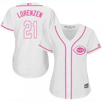 Reds #21 Michael Lorenzen White Pink Fashion Women's Stitched Baseball Jersey