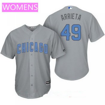Women's Chicago Cubs #49 Jake Arrieta Gray with Baby Blue Father's Day Stitched MLB Majestic Cool Base Jersey