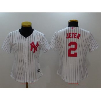 Women's New York Yankees #2 Derek Jeter White With Pink Mother's Day Stitched MLB Majestic Cool Base Jersey