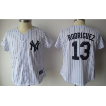 New York Yankees #13 Rodriguez White With Black Pinstripe Womens Jersey