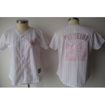 New York Yankees #25 Teixeira White With Pink Pinstripe Womens Jersey