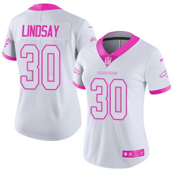 Nike Denver Broncos #30 Phillip Lindsay White Pink Women's Stitched NFL Limited Rush Fashion Jersey