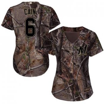 Milwaukee Brewers #6 Lorenzo Cain Camo Realtree Collection Cool Base Women's Stitched Baseball Jersey