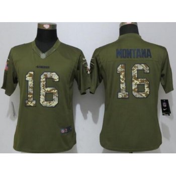 Women's San Francisco 49ers #16 Joe Montana Retired Player Green Salute to Service NFL Nike Limited Jersey