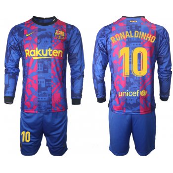 Men 2021-2022 Club Barcelona Second away blue Long Sleeve 10 Soccer Jersey