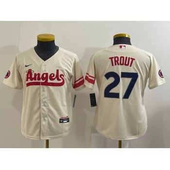 Youth Los Angeles Angels #27 Mike Trout Cream 2022 City Connect Cool Base Stitched Jersey