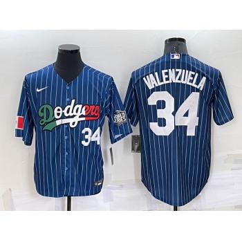 Men's Los Angeles Dodgers #34 Fernando Valenzuela Number Navy Blue Pinstripe Mexico 2020 World Series Cool Base Nike Jersey