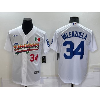Men's Los Angeles Dodgers #34 Fernando Valenzuela Rainbow Number White Mexico Cool Base Nike Jersey