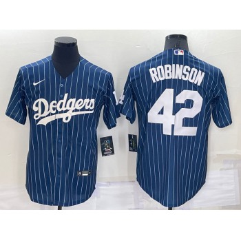 Men's Los Angeles Dodgers #42 Jackie Robinson Navy Blue Pinstripe Stitched MLB Cool Base Nike Jersey