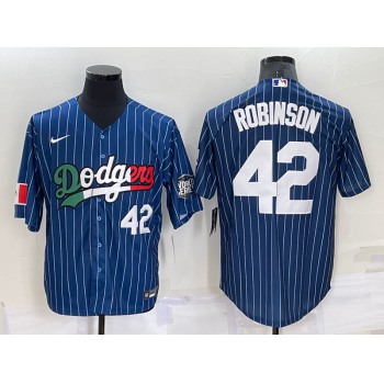 Men's Los Angeles Dodgers #42 Jackie Robinson Number Navy Blue Pinstripe 2020 World Series Cool Base Nike Jersey