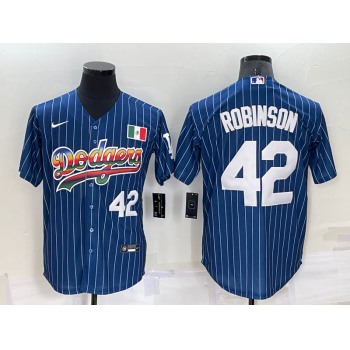 Men's Los Angeles Dodgers #42 Jackie Robinson Number Rainbow Blue Red Pinstripe Mexico Cool Base Nike Jersey