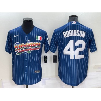 Men's Los Angeles Dodgers #42 Jackie Robinson Rainbow Blue Red Pinstripe Mexico Cool Base Nike Jersey