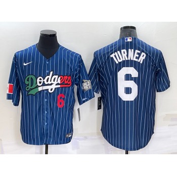 Men's Los Angeles Dodgers #6 Trea Turner Number Navy Blue Pinstripe 2020 World Series Cool Base Nike Jersey