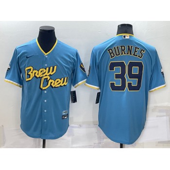 Men's Milwaukee Brewers #39 Corbin Burnes Blue 2022 City Connect Cool Base Stitched Jersey
