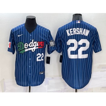 Mens Los Angeles Dodgers #22 Clayton Kershaw Number Navy Blue Pinstripe 2020 World Series Cool Base Nike Jersey