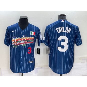 Mens Los Angeles Dodgers #3 Chris Taylor Number Rainbow Blue Red Pinstripe Mexico Cool Base Nike Jersey
