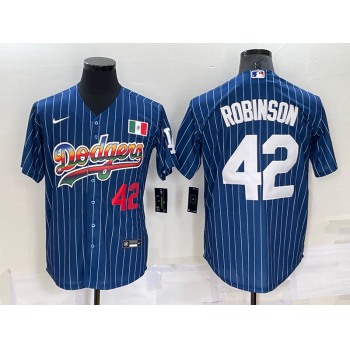 Mens Los Angeles Dodgers #42 Jackie Robinson Number Rainbow Blue Red Pinstripe Mexico Cool Base Nike Jersey