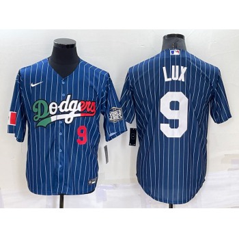 Mens Los Angeles Dodgers #9 Gavin Lux Number Navy Blue Pinstripe 2020 World Series Cool Base Nike Jersey