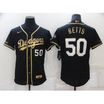 Men's Los Angeles Dodgers #50 Mookie Betts Black 2020 Champions Golden Edition Stitched Flex Base Nike Jersey