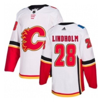 Men's Adidas Calgary Flames #28 Elias Lindholm White Road Authentic Stitched NHL Jersey
