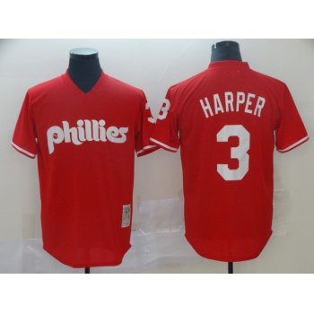 Men's Philadelphia Phillies #3 Bryce Harper Red Throwback Mesh Batting Practice Stitched MLB Jersey