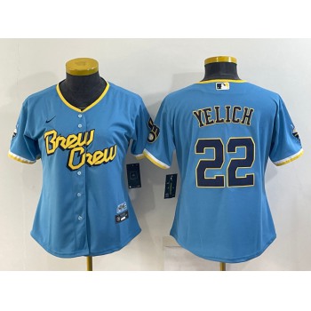 Women's Milwaukee Brewers #22 Christian Yelich Blue 2022 City Connect Cool Base Stitched Jersey