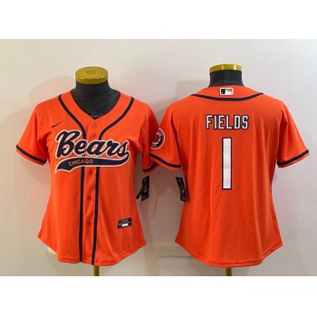 Women's Chicago Bears #1 Justin Fields Orange With Patch Cool Base Stitched Baseball Jersey