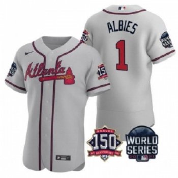 Men Atlanta Braves 1 Ozzie Albies 2021 Grey World Series With 150th Anniversary Patch Stitched Baseball Jersey