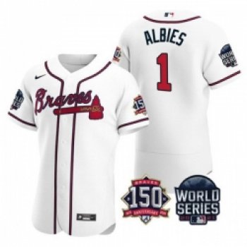 Men Atlanta Braves 1 Ozzie Albies 2021 White World Series With 150th Anniversary Patch Stitched Baseball Jersey