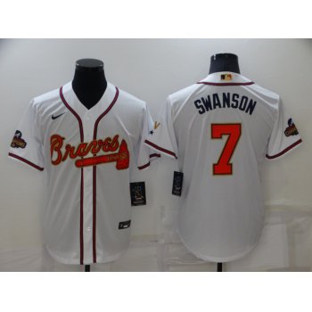 Men's Atlanta Braves#7 Dansby Swanson 2022 White Gold World Series Champions Program Cool Base Stitched Baseball Jersey