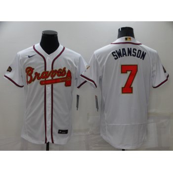 Men's Atlanta Braves#7 Dansby Swanson 2022 White Gold World Series Champions Program Flex Base Stitched Baseball Jersey