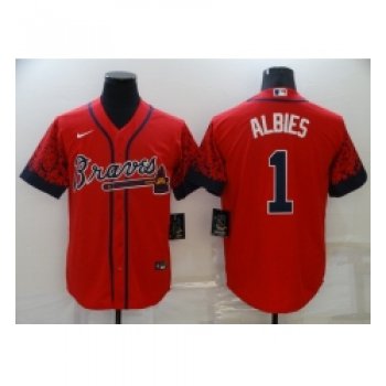 Men's Atlanta Braves #1 Ozzie Albies 2021 City Connect Red Cool Base Stitched Baseball Jersey