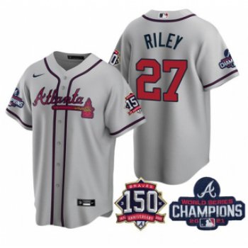 Men's Grey Atlanta Braves #27 Austin Riley 2021 World Series Champions With 150th Anniversary Patch Cool Base Stitched Jersey