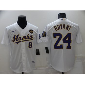 Men's Los Angeles Lakers #8 #24 Kobe Bryant Mamba White Stitched Cool Base Nike Baseball Jersey