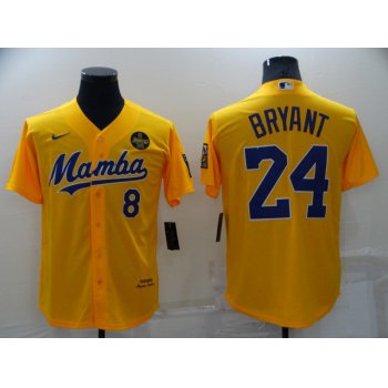 Men's Los Angeles Lakers #8 #24 Kobe Bryant Mamba Yellow Stitched Cool Base Nike Baseball Jersey