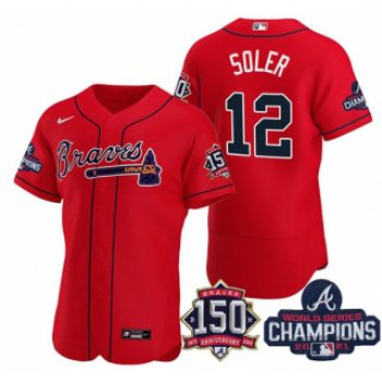 Men's Red Atlanta Braves #12 Jorge Soler 2021 World Series Champions With 150th Anniversary Flex Base Stitched Jersey