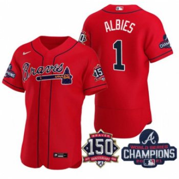 Men's Red Atlanta Braves #1 Ozzie Albies 2021 World Series Champions With 150th Anniversary Flex Base Stitched Jersey