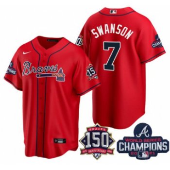 Men's Red Atlanta Braves #7 Dansby Swanson 2021 World Series Champions With 150th Anniversary Patch Cool Base Stitched Jersey