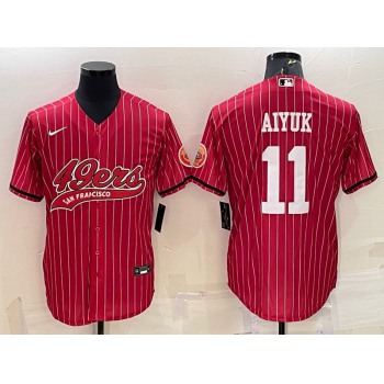 Men's San Francisco 49ers #11 Brandon Aiyuk Red Pinstripe With Patch Cool Base Stitched Baseball Jersey