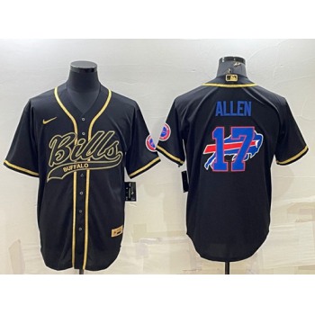 Men's Buffalo Bills #17 Josh Allen Black Gold Team Big Logo With Patch Cool Base Stitched Baseball Jersey